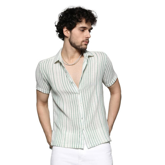 Campus Sutra Mens White & Green Unbalanced Striped Woven Shirt for Casual Wear | Spread Collar | Short Sleeve | Button Closure