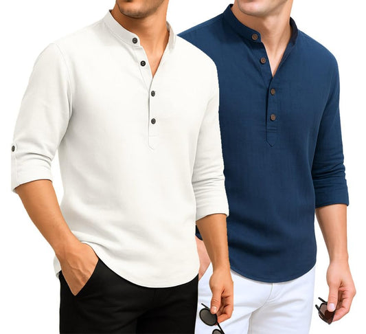 Deelmo Combo Of MenS Cotton Blend Solid Regular Fit Full Sleeve Short Kurta | MenS Trendy Short Kurta Pack Of 2 White - Navy