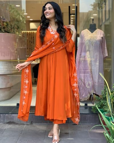 GoSriKi Anarkali Kurta Set for Women, Rayon Blend, Orange, 3XL, ASHVTHAMA ORANGE-GS, with Trousers and Dupatta