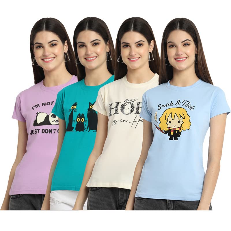 Preneum Womens Cotton Regular Fit Latest Graphic Stylish Printed Short Sleeves Casual T-Shirt || Trendy Design & Stylish (Pack
