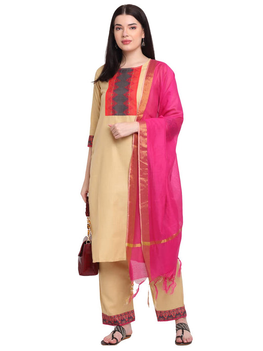 GoSriKi Women's Cotton Blend Traditional Kurta with Palazzo & Dupatta