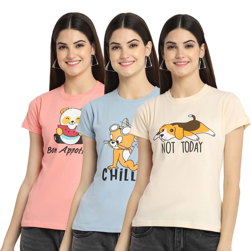 Preneum Womens Cotton Regular Fit Latest Graphic Stylish Printed Short Sleeves Casual T-Shirt || Trending & Style (Pack 3), Pin