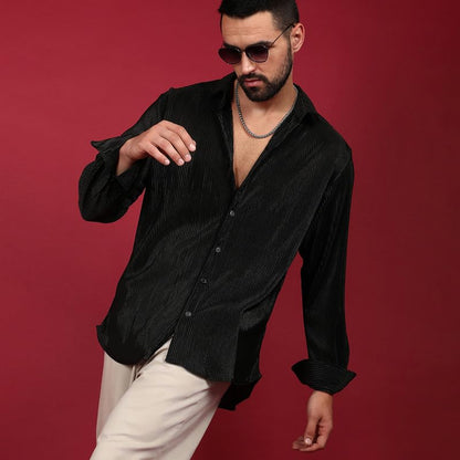 Campus Sutra Mens Midnight Black Pleat-Creased Shirt for Casual Wear | Spread Collar | Long Sleeve | Button Closure | Shirt Cra