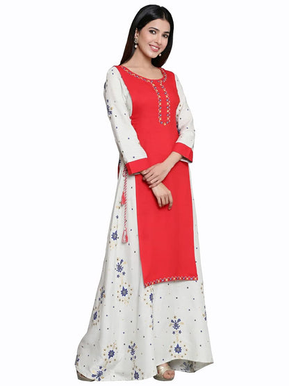 Stylum Women's Embroidered Rayon Flared Kurta (Beige)