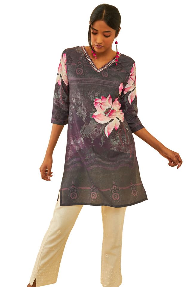 Soch Womens Purple Muslin Blend Floral Printed Kurta With Embellishment