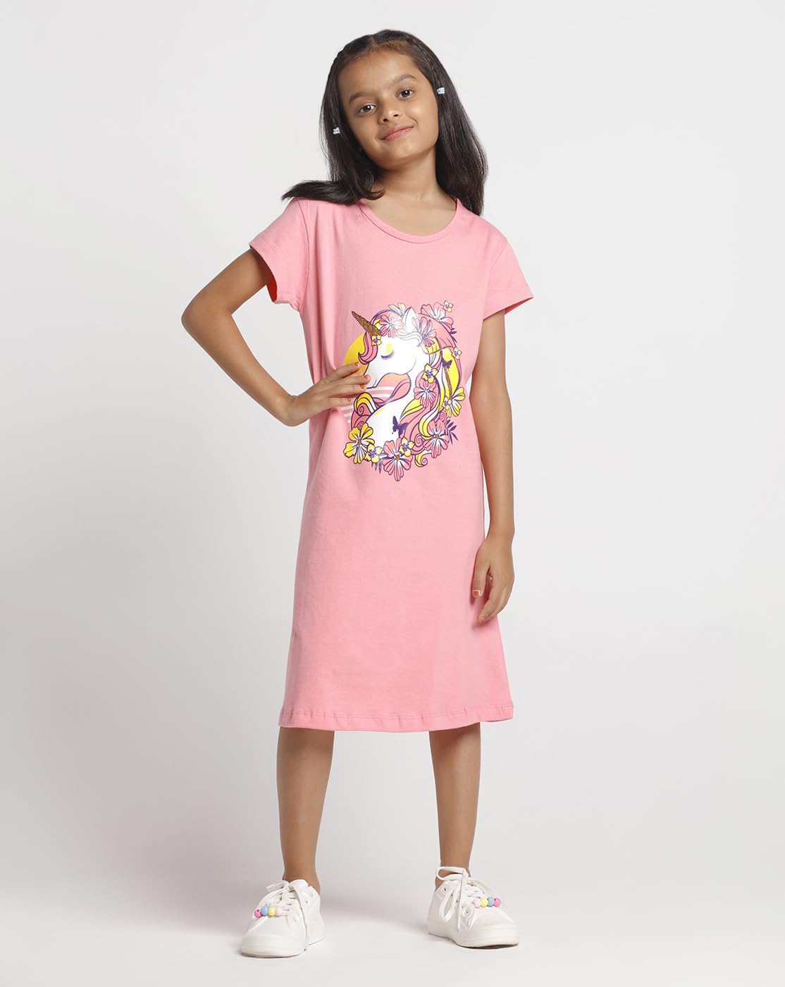 T2F Girls Half Sleeve 100% Cotton Knee Length Printed Nightgown, Nightdress, Sleepwear (Pack of 3)