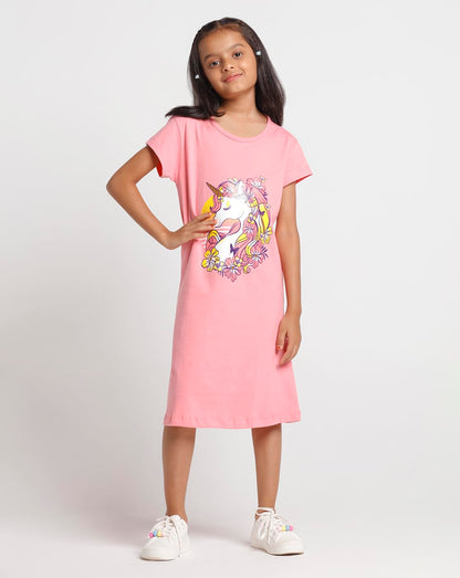 T2F Girls Half Sleeve 100% Cotton Knee Length Printed Nightgown, Nightdress, Sleepwear (Pack of 3)