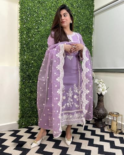 GoSriKi Women's Rayon Blend Straight Kurta with Pants & Dupatta, Large, Purple, Model ROSEWOOD PURPLE-GS