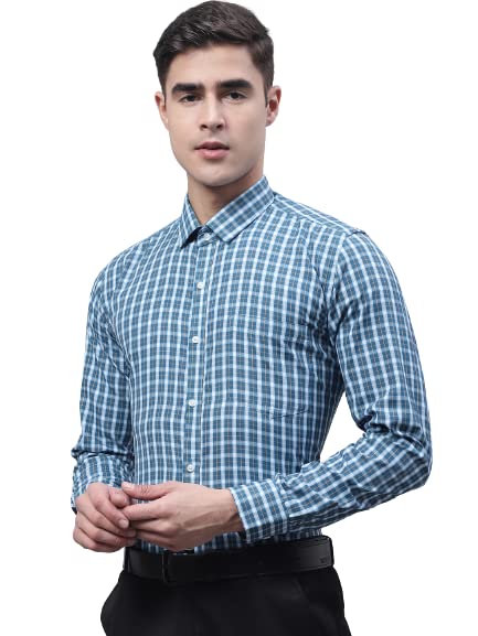 Style Quotient Men Blue and White Checked Polycotton Slim Fit Formal Shirt