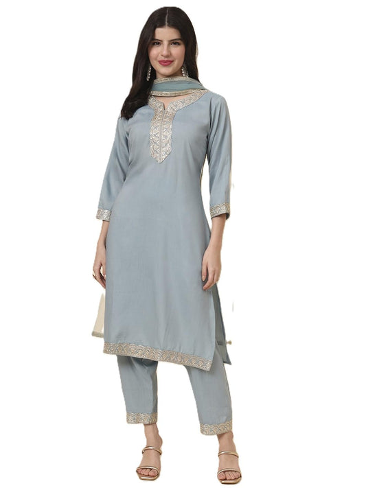 Ekasya WomenS Silk Embroidered Cornflower Blue Straight Cut Calf Length Round Neck Kurta Pant With Dupatta Set (E1742)