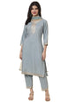 Ekasya WomenS Silk Embroidered Cornflower Blue Straight Cut Calf Length Round Neck Kurta Pant With Dupatta Set (E1742)