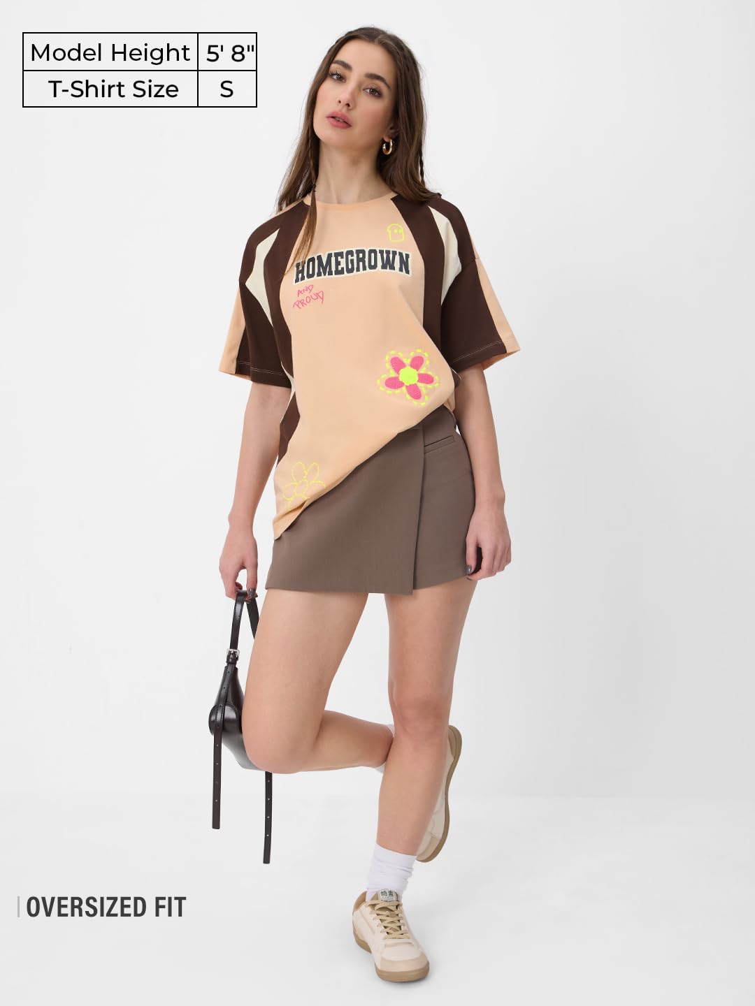 The Souled Store Homegrown Women and Girls Short Sleeves Round Neck Brown Graphic Printed Cotton Oversized T-Shirts