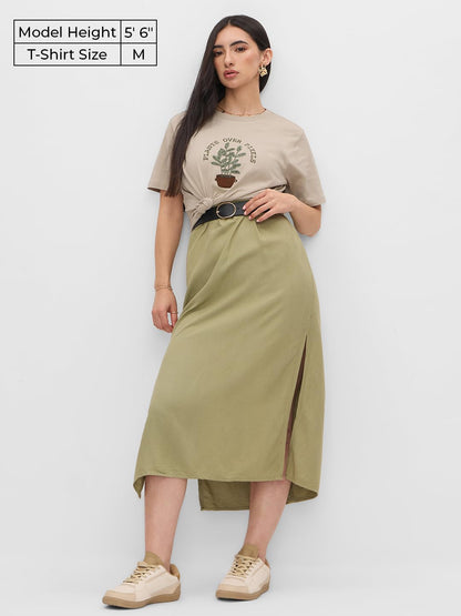 The Souled Store Plants Over Pixels Women and Girls Short Sleeves Round Neck Beige Embroidered Cotton Relaxed Fit T-Shirts