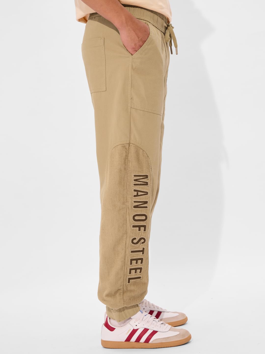 The Souled Store Superman: Logo Men and Boys Drawstringed Beige Embroidered Baggy Fit Cotton Blend Joggers
