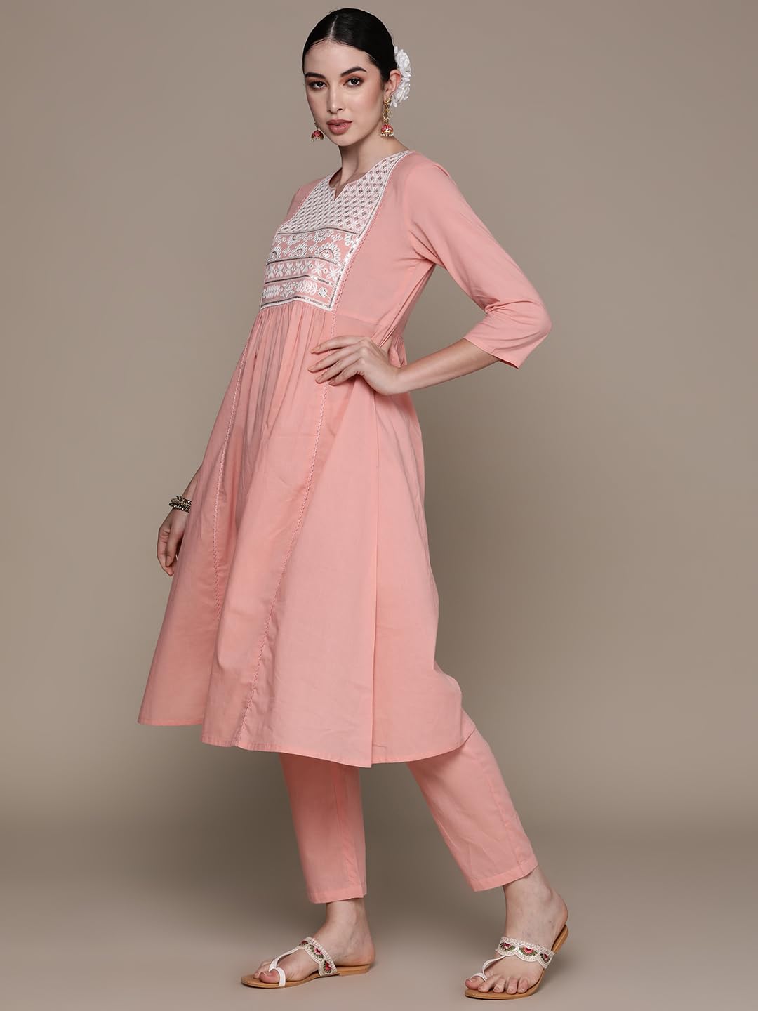 anubhutee Women's Pure Cotton Embroidered Pink A-Line Kurta Suit Set with Pants