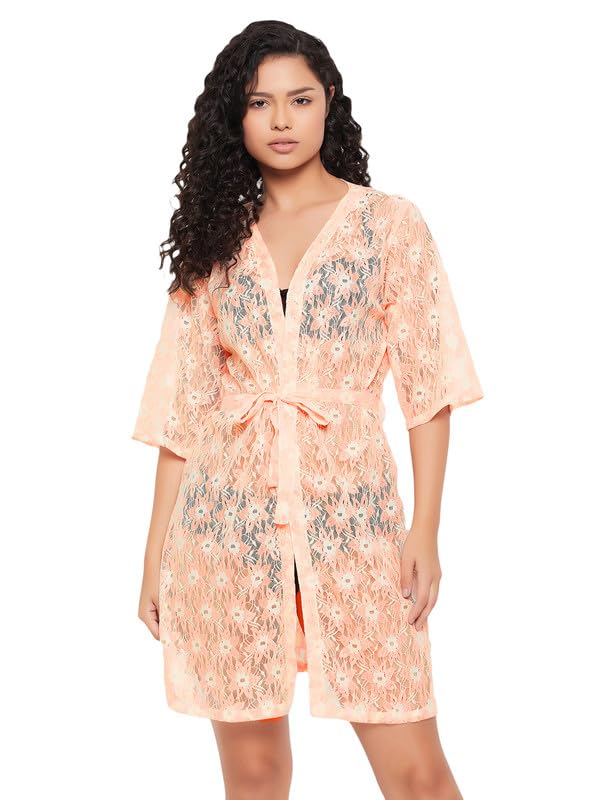 Clovia Womens Lace Basic Sheer Robe (Ns1509P34_Peach_XXL)