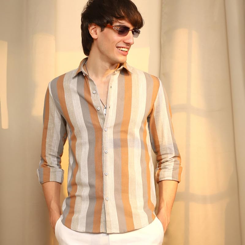 Campus Sutra Mens Copper Brown & Peanut Brown Block-Striped Shirt | Casual Wear | Spread Collar | Long Sleeve | Button Closure