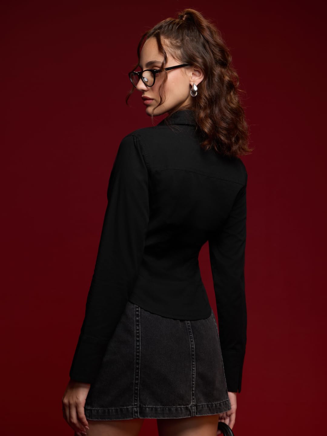 The Souled Store Corset Shirt: Onyx Women and Girls Long Sleeves Collared Neck Button Front Fitted Shirts
