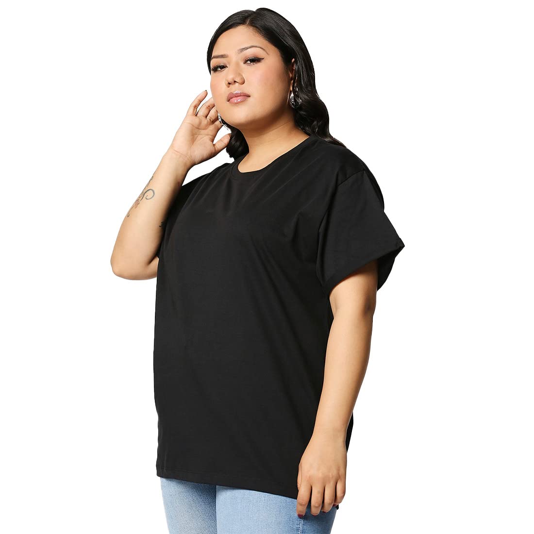 Bewakoof Womens Solid 100% Cotton Plus Size T-Shirt - Boyfriend Fit, Round Neck, Half Sleeve
