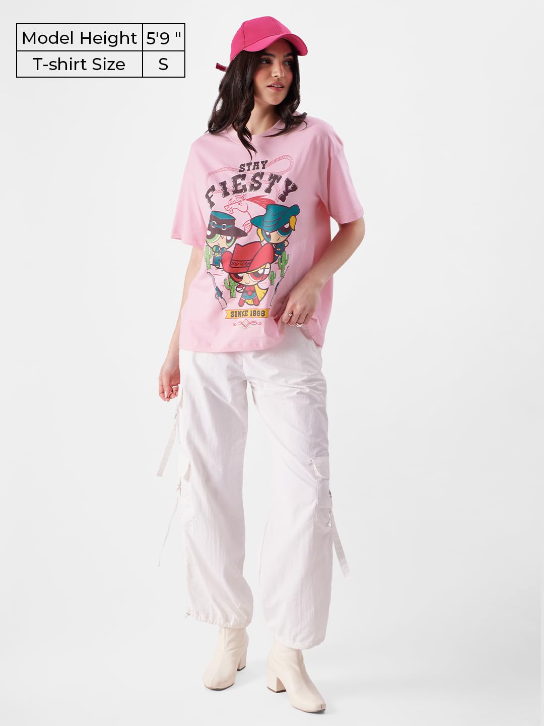 The Souled Store Powerpuff Girls: Stay Fiesty Womens Oversized Fit Graphic Printed Half Sleeve Cotton Pink Women Oversized T-Shi