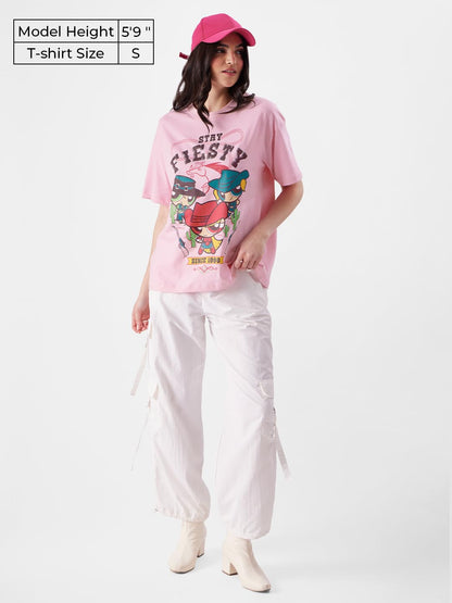 The Souled Store Powerpuff Girls: Stay Fiesty Womens Oversized Fit Graphic Printed Half Sleeve Cotton Pink Women Oversized T-Shi