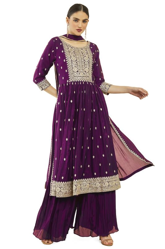 Soch Womens Wine Georgette Floral Embroidered Suit Set With Dupatta