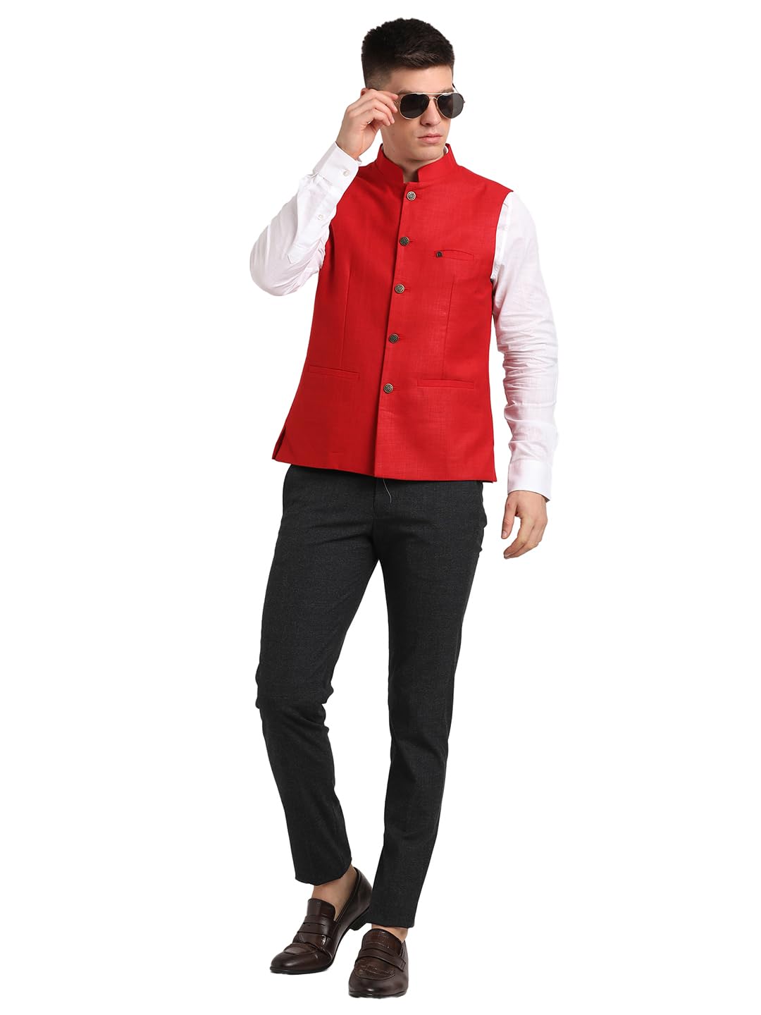 Turtle Men Poly Cotton Red Solid Formal Nehru Jacket