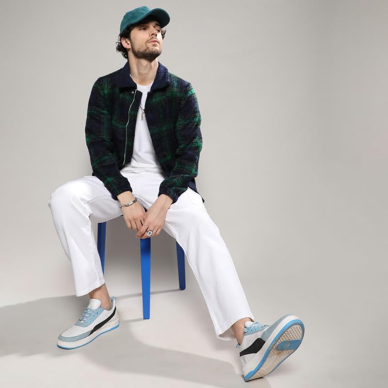 Campus Sutra Mens Navy Blue & Green Tartan Plaid Jacket With Fleece Collar For Casual Wear | Spread Collar | Long Sleeve | Zipp