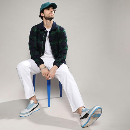 Campus Sutra Mens Navy Blue & Green Tartan Plaid Jacket With Fleece Collar For Casual Wear | Spread Collar | Long Sleeve | Zipp