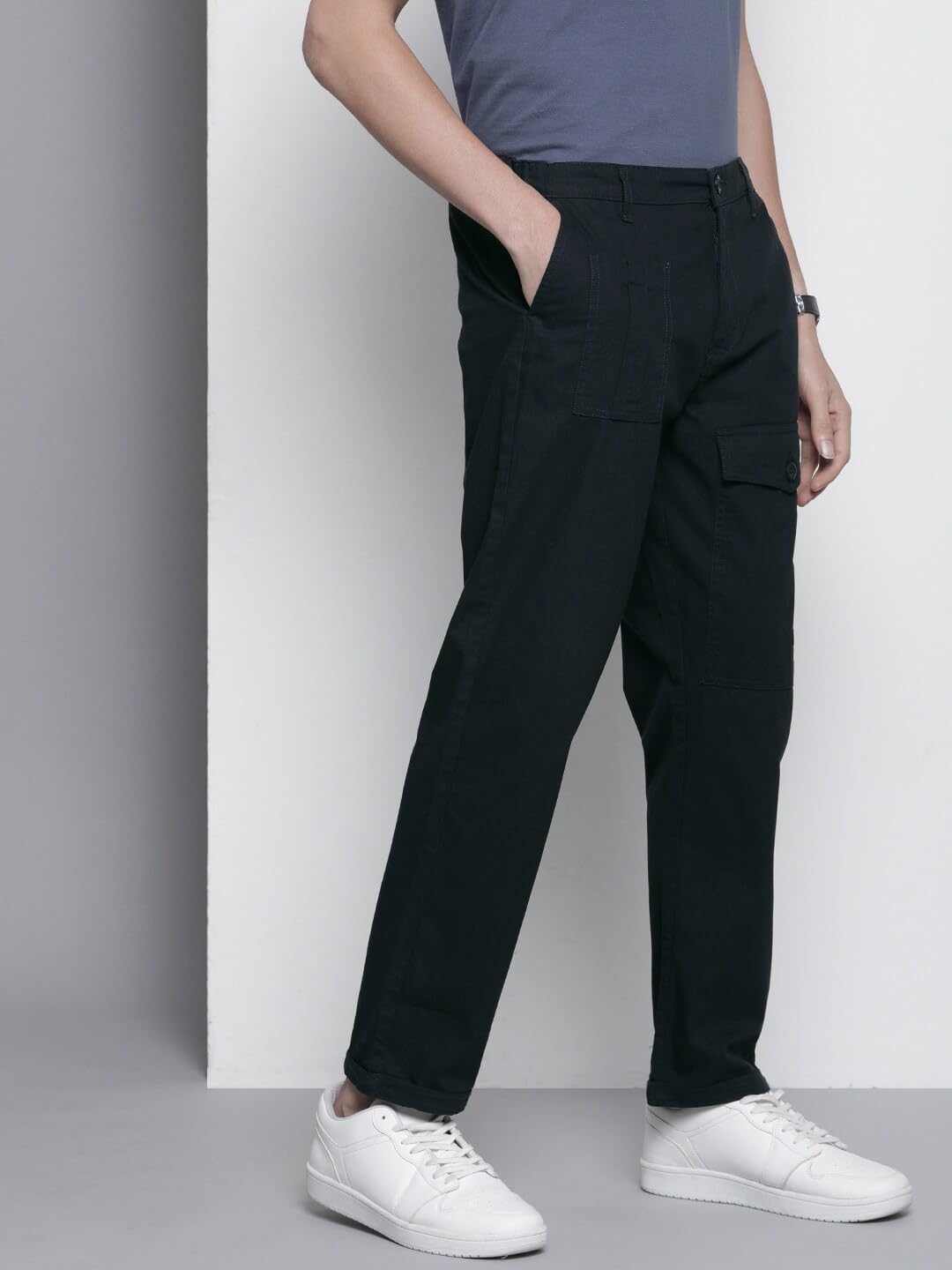 The Indian Garage Co Men Relaxed Fit Solid Mid-Rise Trousers Navy
