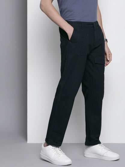 The Indian Garage Co Men Relaxed Fit Solid Mid-Rise Trousers Navy