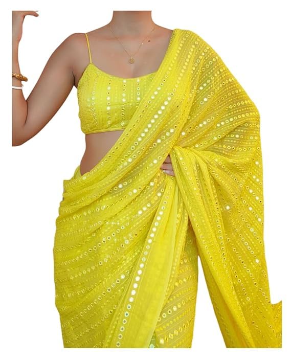 Flosive Women's Georgette Saree with Blouse, One Size, Lemon Yellow, Model NF-AARZOO