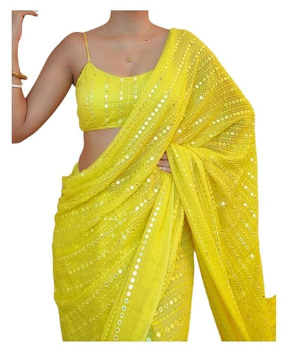 Flosive Women's Georgette Saree with Blouse, One Size, Lemon Yellow, Model NF-AARZOO