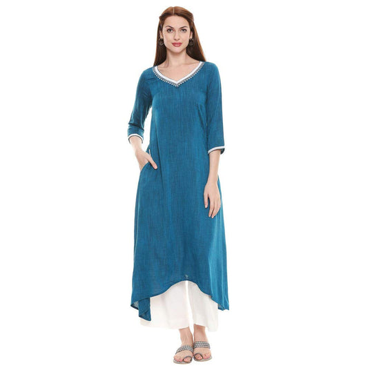 Aurelia Womens V Neck Slub Kurta