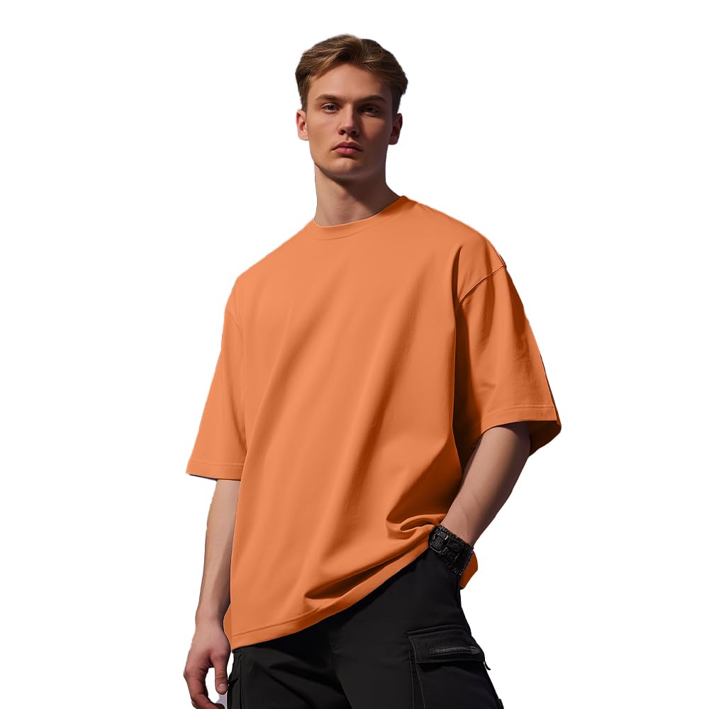 Nobero MenS Solid Oversized Fit T-Shirt (1M-Twts-R0039_Apricot Crush