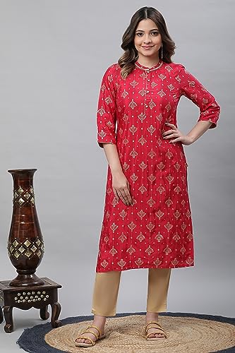 Aurelia WomenS Red Foil Printed Embellished Festive Kurta