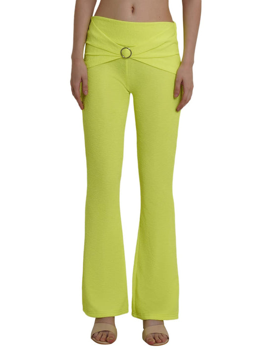POPWINGS Solid Full-Length Polyester Regular-Fit Casual Bootcut Trouser Pants for Women for Casual Wear Lime Green