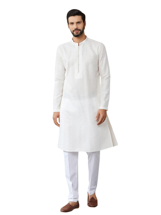 See Designs Mens Long Sleeve Mandarin Collar Side Slit Off White Embroidered Thread Work Sequinned Chanderi Silk Straight Kurta