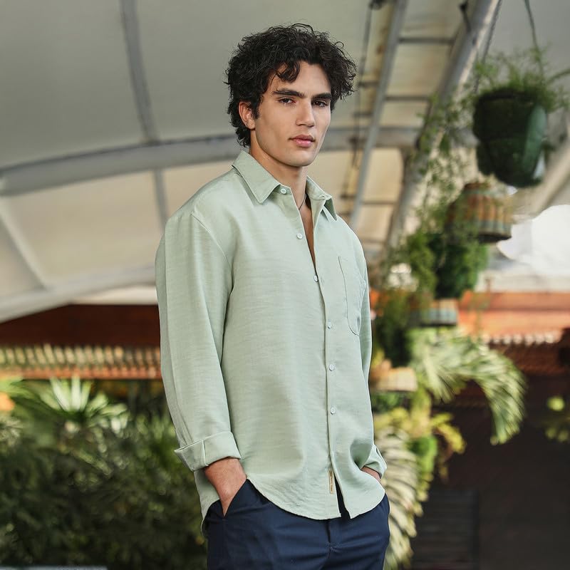 Campus Sutra Mens Sage Green Modular Solid Oversized Shirt for Casual Wear | Spread Collar | Long Cuffed Sleeves | Button Closu
