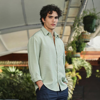 Campus Sutra Mens Sage Green Modular Solid Oversized Shirt for Casual Wear | Spread Collar | Long Cuffed Sleeves | Button Closu