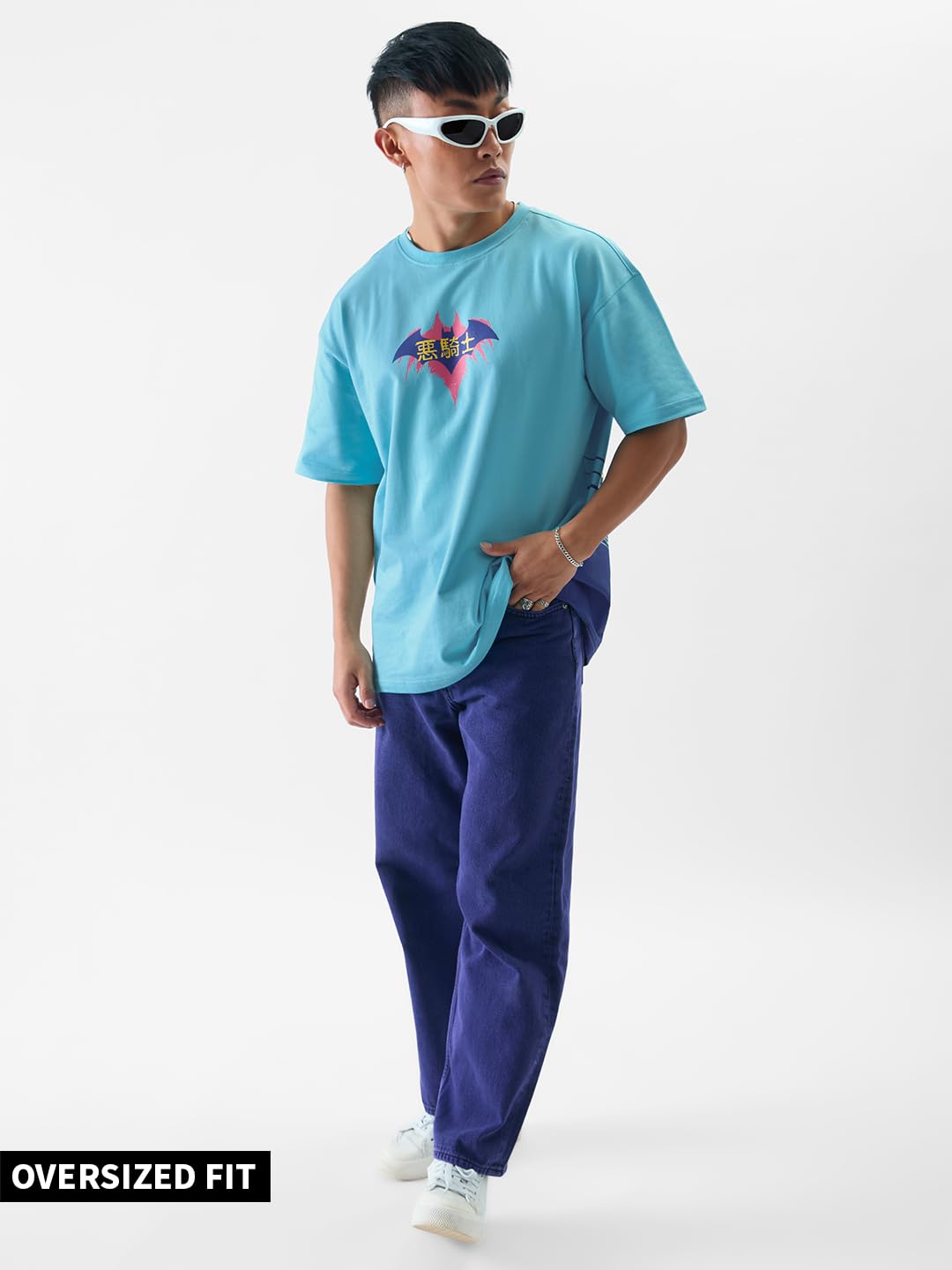 The Souled Store Official Batman: Supervillain Mens and Boys Oversized fit Graphic Printed Half Sleeve Cotton Sky Blue Color Ove
