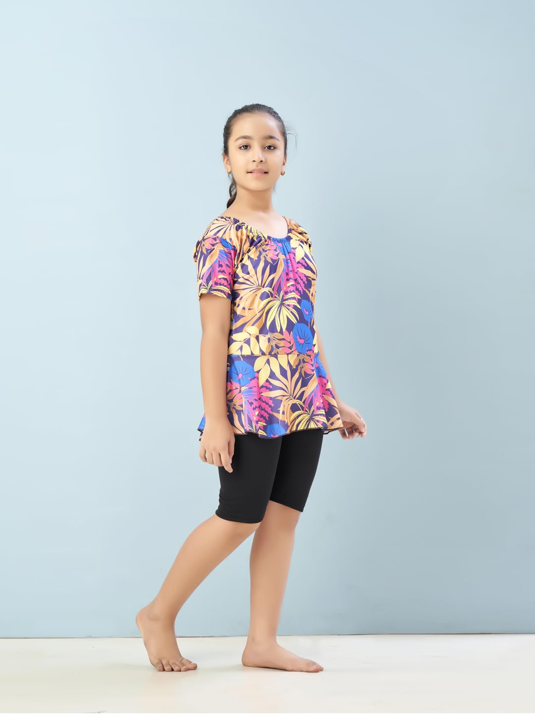 Aarika Girls Sports Wear Yellow-Black Colour Floral Print Nylon Swim Suit (5-15 Years)-(SW-SHM-CA-1111)