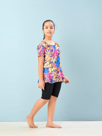 Aarika Girls Sports Wear Yellow-Black Colour Floral Print Nylon Swim Suit (5-15 Years)-(SW-SHM-CA-1111)