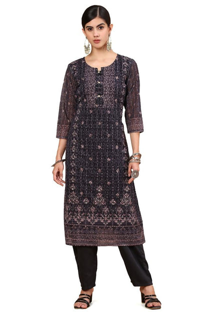 Soch Womens Black Print With Embroidery Georgette Kurta Set With Sequins