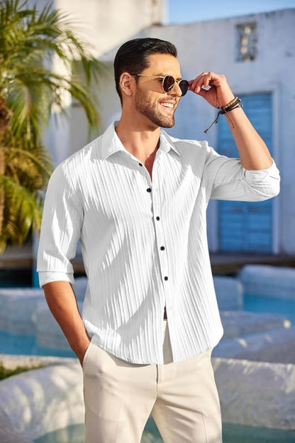 Macsivo MenS Line Shirt With Spread Collared Neck Full Sleeve Button Closure Curved Hem Length Regular Fit | Popcorn Shirt For