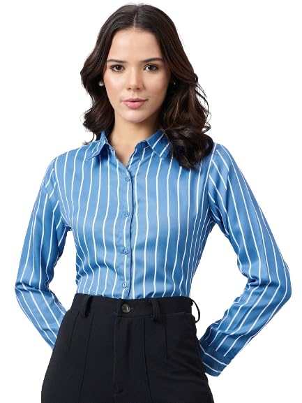 Style Quotient Women Slate Blue and White Stripe Printed Polyester Regular Fit Formal Shirt