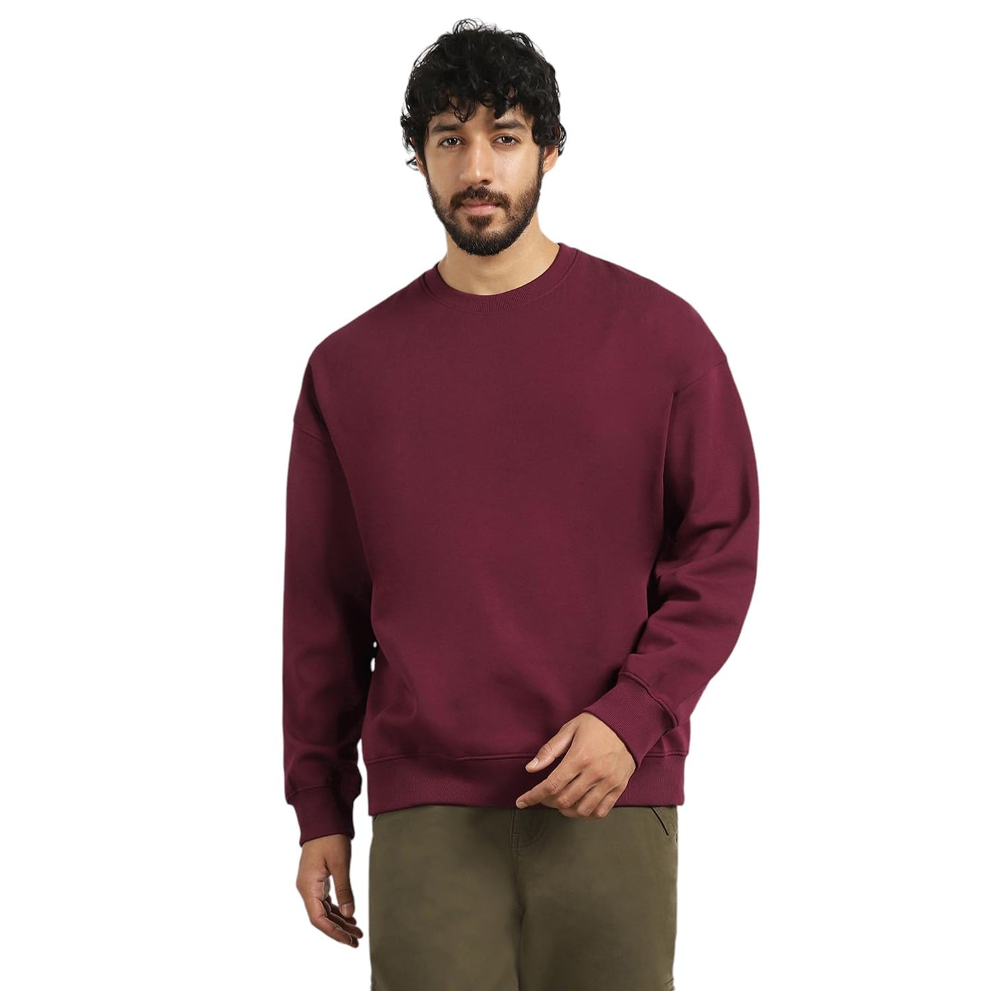 Nobero MenS Cotton Blend Crew Neck Sweatshirt (1M-Twss-R0005_Maroon