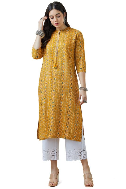 Soch Womens Mustard Mandarin Collar Rayon Abstract Print Kurta