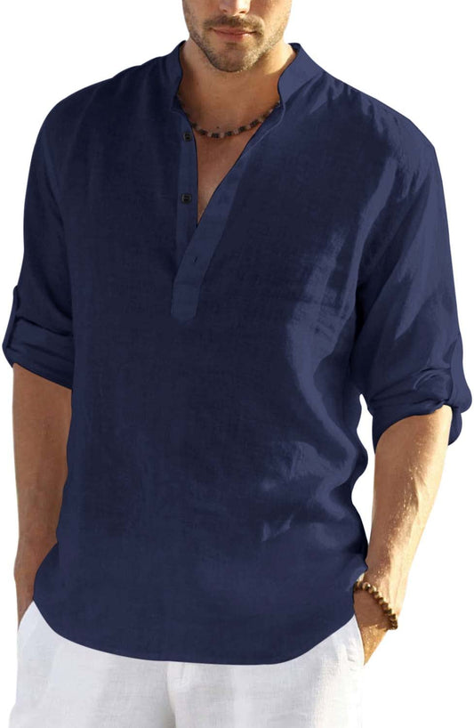 Hemrin MenS Cotton Blend Full Sleeve Short Kurta Shirt With Mandarin Collar Navy Blue