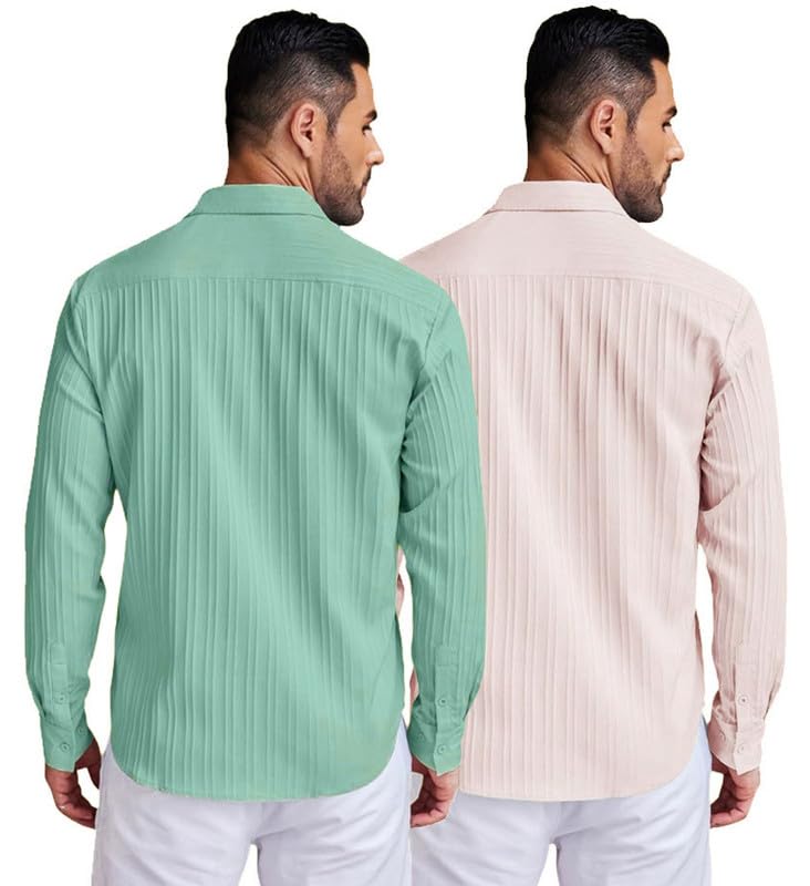 Deelmo Combo Of MenS Casual Button Down Shirts Long Sleeve Linen Shirt Fashion Textured Summer Shirts Pack Of 2